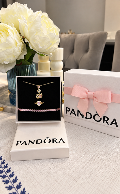 Özel Pandora Kutusunda Swarovski Kuğu Kolye + Bileklik Seti