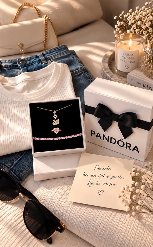 Özel Pandora Kutusunda Swarovski Kuğu Kolye + Bileklik Seti