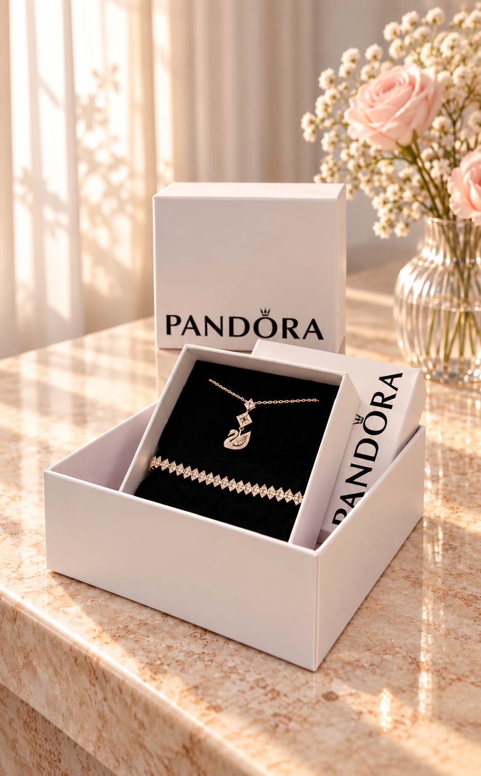 Özel Pandora Kutusunda Swarovski Kuğu Kolye + Bileklik Seti