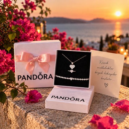 Özel Pandora Kutusunda Gümüş Kaplama Kalp Seti ( Kolye + Yüzük + Bileklik )